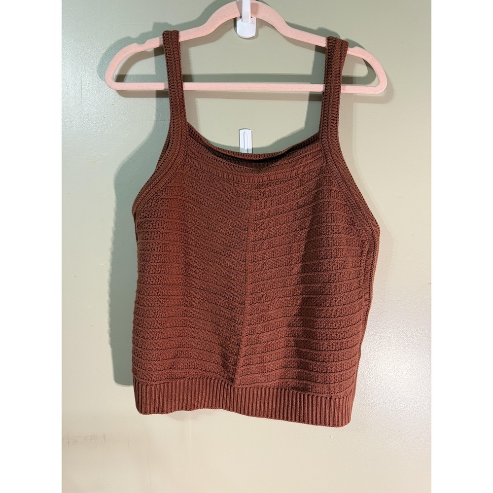 Marled Tank Womens XL Brown Cropped Knit Square Neck Crochet Strap Stretch